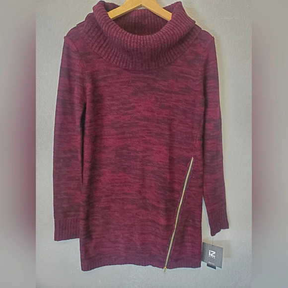 💚5/$25 NWT IZ Byer Cowel Neck Asymmetrical Zipper Long Tunic Sweater Mini Dress - Picture 4 of 6